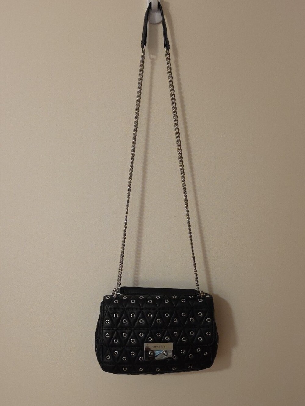 Michael Kors Black Leather Quilted Shoulder Bag with Silver Eyelets and Chain - Picture 7 of 9